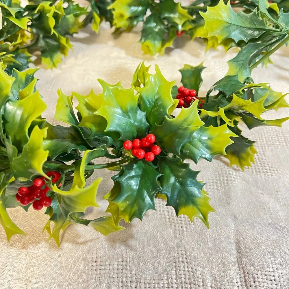 Vintage Christmas garland plastic green red holly decor retro craft